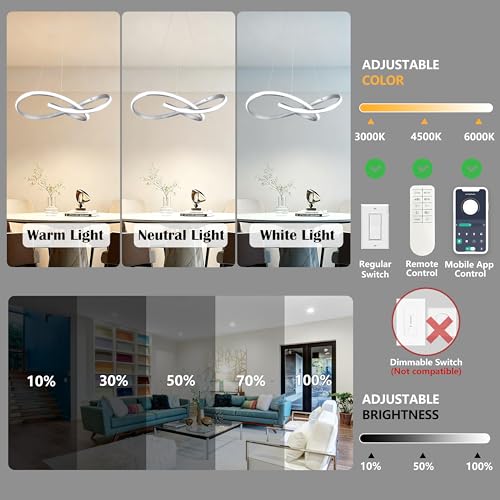 30" Nickel Modern LED Chandelier Large Irregular Ring Pendant Lighting Adjustable Hanging Light Fixture Modern Dimmable Remote Control Pendant Lights for Living Room Dining Room Entryway