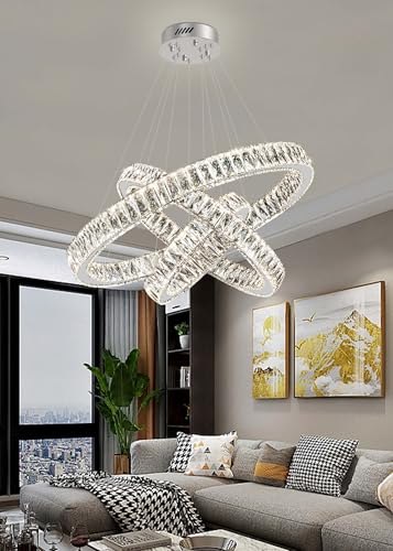 3 Rings Crystal Chandeliers 32"+24"+16" Crystal Ceiling Light Fixture Pendant Lighting Hanging Lamp for Living Room LED Dimmable 3000