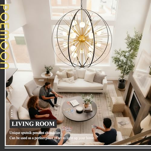 43.2" 18 Light Black Gold Sputnik Chandelier with Milk Glass Shade