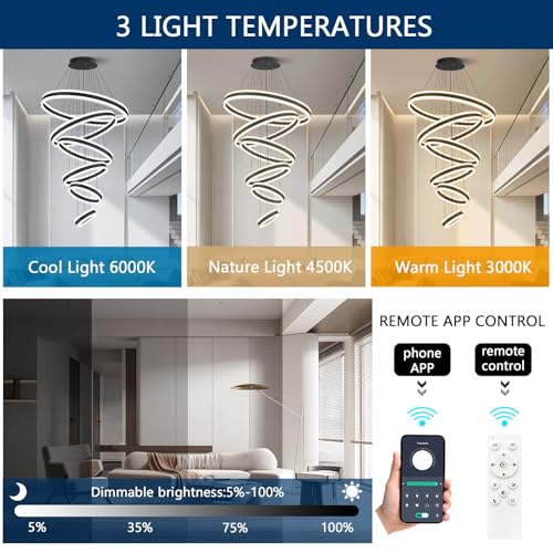 6 Rings Modern LED Chandeliers Large High Ceiling Chandelier for Foyer Black Dimmable Long Handing Lighting Fixture for Living Room Entryway Villa Staircase 3000K