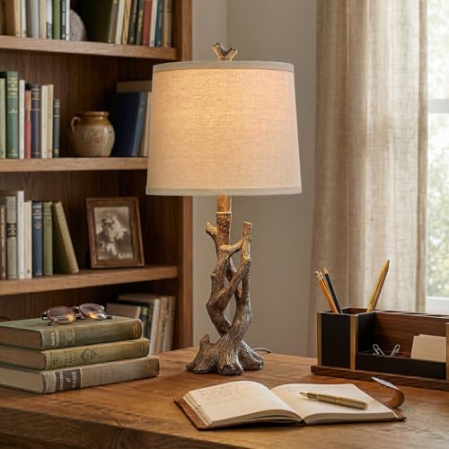 23" Rustic Farmhouse Table Lamp Country Cottage Lamps for Nightstand Tree Trunk Wood Grain Lamp for Bedroom Living Room with Oatmeal Fabric Round Shade Resin Bedside Lamp (2 Count)