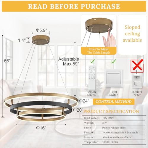 3 Ring LED Chandelier Modern Chandeliers Black Gold Brass Dimmable 24''