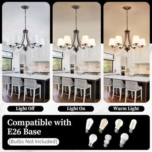 6 Light Farmhouse Chandeliers Black and Gold Dinner Room Light with Frosted Glass 47.2" Adjustable Pendant Ceilling Lighting Rustic Vintage Hanging Lamp for Kitchen Island Dining Table Living Room
