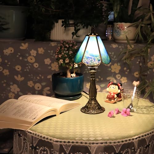Small Tiffany Style Table Lamp Sea Blue Stained Glass Lamp 14 Inch