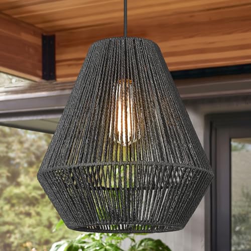 Modern Woven Pendant Light Fixtures 11.8" Farmhouse Coastal Hanging Lamp Matte Black Handwoven Rattan Basket Shade Boho Pendant Light for Kitchen Island Dining Room Bar Bedroom Foyer Hallway