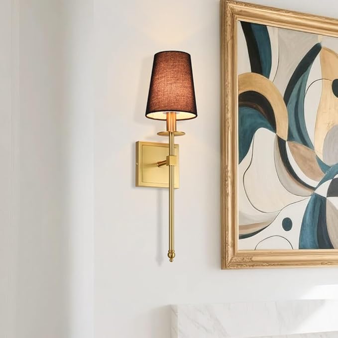 XiNBEi Lighting Wall Sconces Set of 2, Hardwired Brushed Brass Sconce Lighting with Black Fabric Shade Modern Wall Mount Light Fixture for Bathroom Bedroom Living Room Hallway XB-W1307-BS