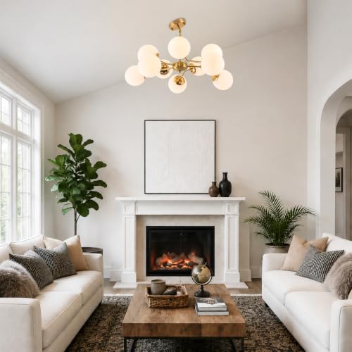 10 Light Sputnik Ceiling Light Milk Glass Globe Chandelier for Living Room
