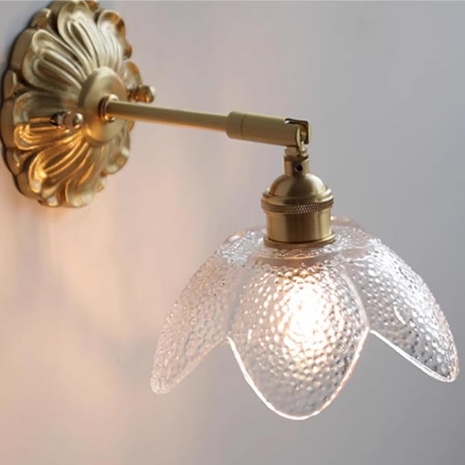 Modern Brass Wall Sconce Flower-Shaped Water Pattern Glass Wall Light Fixture Adjustable Bedside Wall Lamp, Japanese Style Wabi Sabi Polished Brass Wall Sconces for Bedroom Living Room