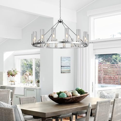 16 Light Large Wagon Wheel Chandelier with Clear Glass Shade Chrome Round Pendant Light Farmhouse Industrial Chandeliers Dining Room Light Fixture for Stair Living Room Foyer Kitchen