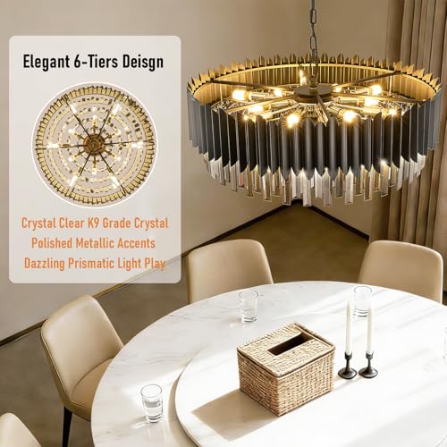 12 Light Large Crystal Chandeliers 30" Dining Room Light Fixture 6 Tiers Flush Mount Smoke Gray and Black Crystal Chandelier Round Pendant Light for Kitchen Living Room Entryway Foyer