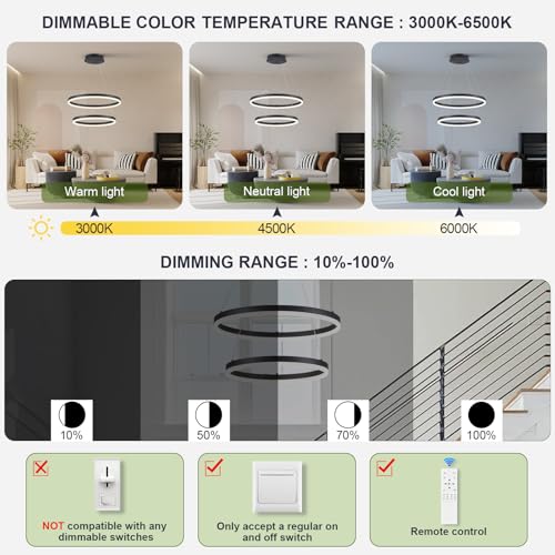 2 Rings Modern LED Chandelier Black for Dining Room