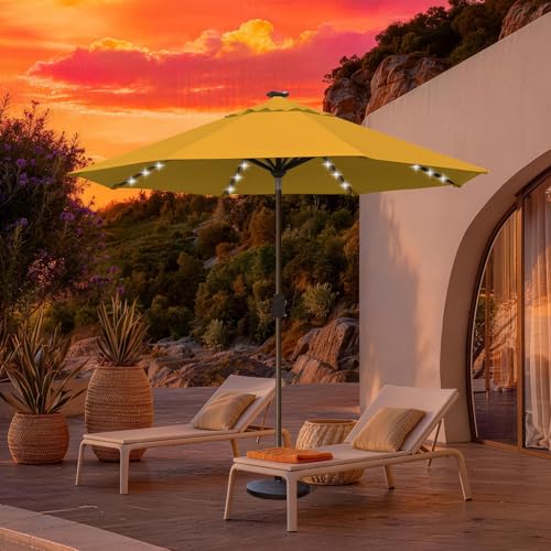 USA 10-Year-Non-Fading 10ft Market Patio Umbrella, Commercial Grade Table Sun Umbrella with 80 Solar LED Lights, Crank Open, Windproof & UPF 50+ UV Protection for Garden, Deck, Pool, Backyard, Sunflower Yellow