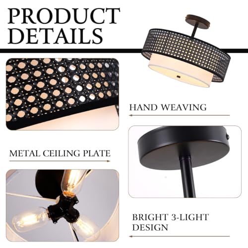 16" Black Rattan Ceiling Light