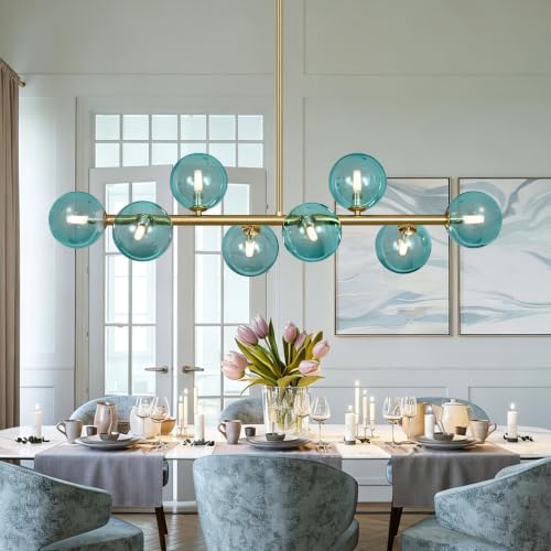 Gold Linear Sputnik Chandeliers 37" Mid Century Blue Glass Globe Chandelier