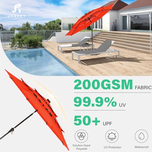 3 Tiers Patio Umbrella with Solar Lights 9ft Outdoor Market Table Umbrellas with Push Button Tilt for Outside Pool Garden