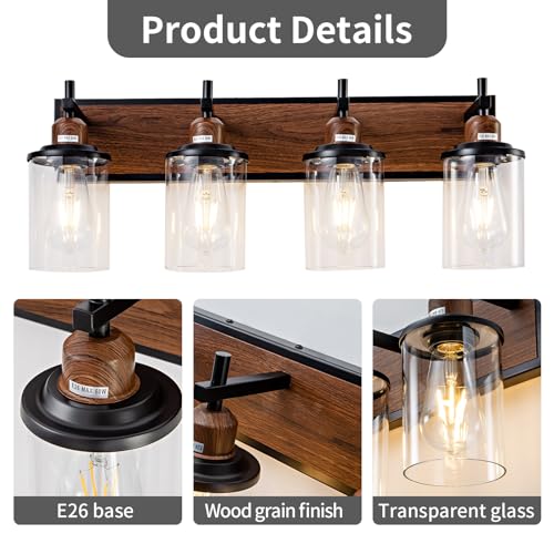4 Light Farmhouse Bathroom Light Fixtures Vintage Bathroom Vanity Lights Over Mirror Black and Wood Painted Metal Vanity Light for Bathroom with Glass Shades E26 Socket
