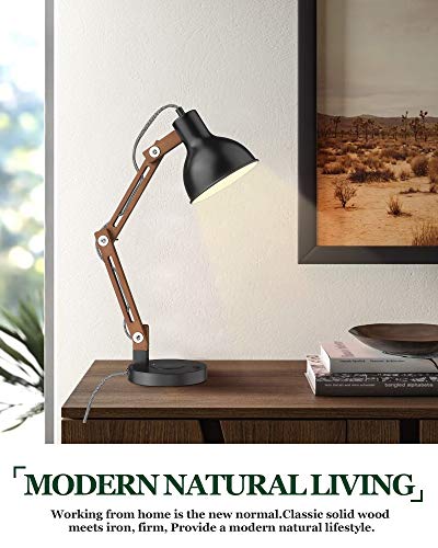 Modern Sapele Wood Desk Lamp with Upgraded Wireless Charger & USB C Charging Port Swing Arm Table Lamp Bedside Reading Task Light for Dorm Office Bedroom Living Room LED Bulb Included Black