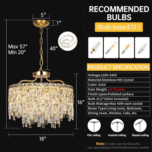 Modern 18" 6 Lights Modern Gold Crystal Chandeliers for Dining Room