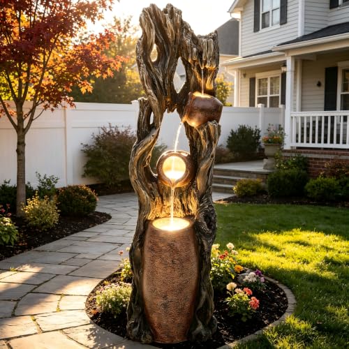 42.7" 3 Tier Outdoor Water Fountain LED Tree Trunk Jar Waterfall