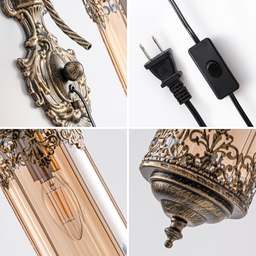 Rustic Gothic Plug in Wall Sconce with Amber Glass