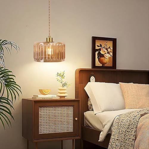 Plug in Pendant Light Hanging Lights with in Cord Mid Century Modern Gold Hanging Lamp Flower Glass Amber Vintage Dimmable Chandelier Ceiling Fixture for Living Room