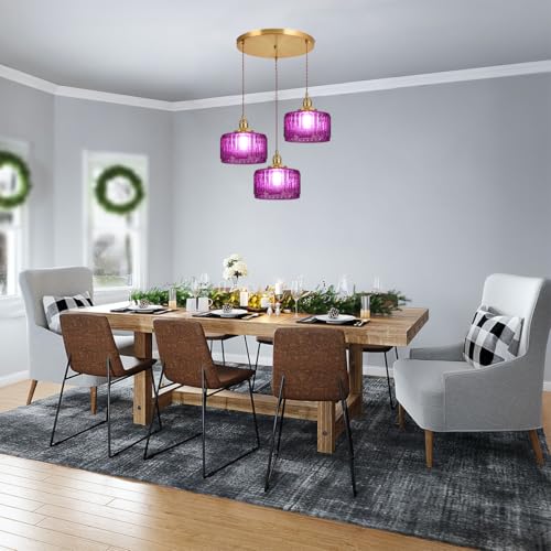 3 Light Glass Globe Chandelier Kitchen Island Mid Century Modern Ceiling Pendant Light Purple Striped Shade Gold Hanging Lights Fixture Multi Light Cluster Chandeliers Dining Room
