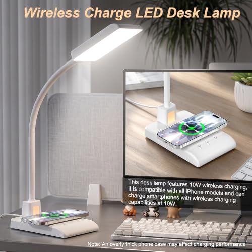Desk Lamp with Wireless Charger LED Desk Lamps for Home Office White CRI90+ (White)