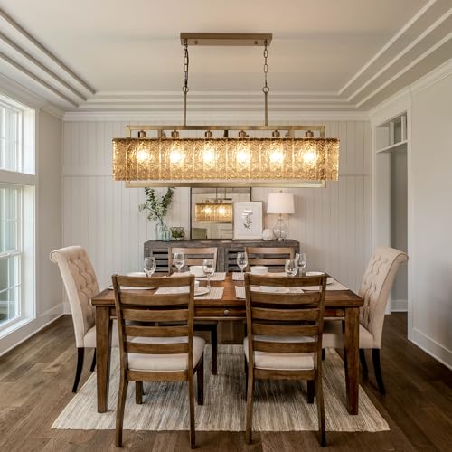 42" Gold Crystal Ripple Glass Rectangle Pendant Chandelier 6