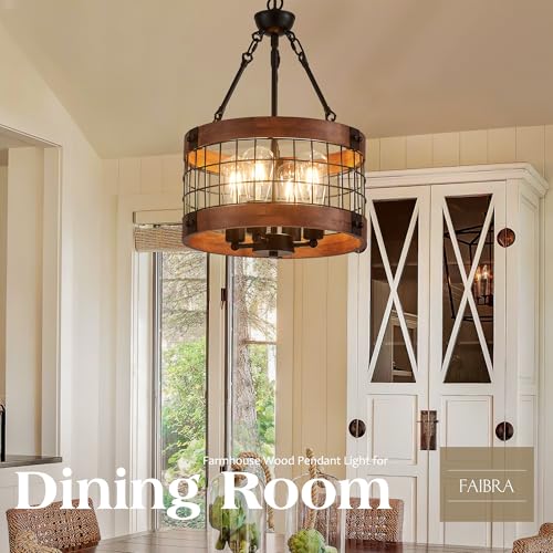4 Light Farmhouse Drum Wood Pendant Light