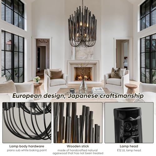 Black Wood Large Chandelier Industrial Hanging Light Fixture 21 Inch