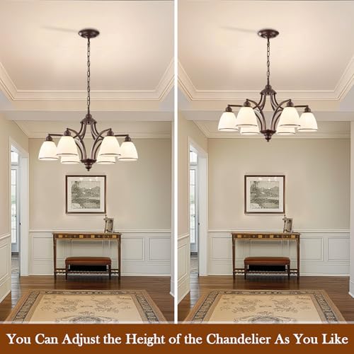 6 Light Oil Rubbed Bronze Farmhouse Chandelier Light Fixture for Kitchen Antique Matte Brown Ceiling Hanging Lamp Adjustable 47" Max Pendant Light for Dining Room Table