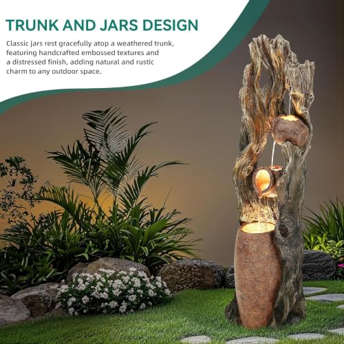 42.7" 3 Tier Outdoor Water Fountain LED Tree Trunk Jar Waterfall