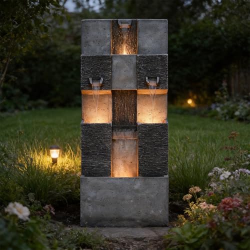 48" Modern Grid Outdoor Water Fountain with Led Light