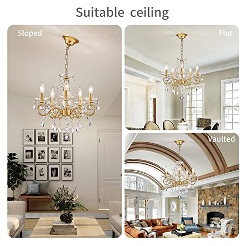 Mini Crystal Chandelier K9 Crystal Gold Chandelier for Living Room Bedroom Dining Room Kitchen Island Entryway 5 E12 Bulbs High 16.5 in x Diameter 16.9 in