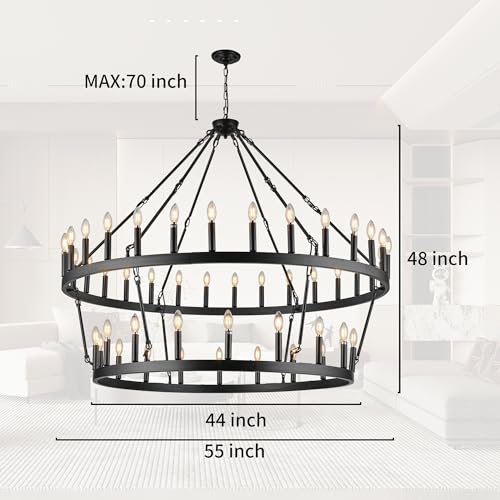 Rustic Farmhouse Black Wagon Wheel Chandelier Large Chandeliers for High Ceilings 2 Tier 48 Lights 55 Inch for Dining Room Living Room Foyer Porch Kitchen Island