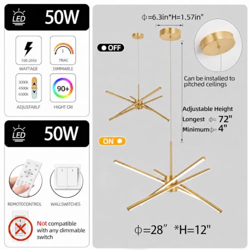 Gold 27 inches Modern Sputnik Chandelier 50W LED Chandeliers