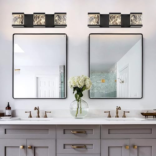 Modern LED Bathroom Lights Over Mirror 15W 3 Lights LED Vanity Light Bar with Unique Smoke Acrylic Panel Black Bathroom Wall Light Fixtures for Bath Powder Room