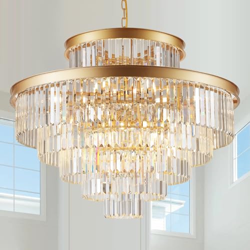 6 Tier Large Gold Crystal Chandeliers 35" Modern Luxury Foyer Chandeliers
