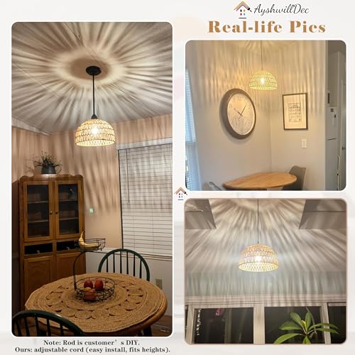 Hemp Rope Woven Pendant Light Woven Light Fixture Boho Chandelier Light Fixture Wicker Pendant Lights Rattan Lights Pendant Dome Wicker Chandelier for Dining Room Kitchen Island