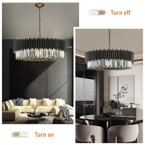 12 Light Large Crystal Chandeliers 30" Dining Room Light Fixture 6 Tiers Flush Mount Smoke Gray and Black Crystal Chandelier Round Pendant Light for Kitchen Living Room Entryway Foyer