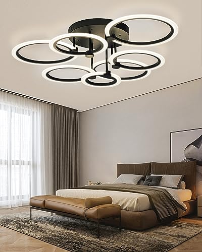 Modern LED Ceiling Light 7 Rings Dimmable Fixtures with Remote Black Close to Ceiling Light 31.8" 130W 3000K