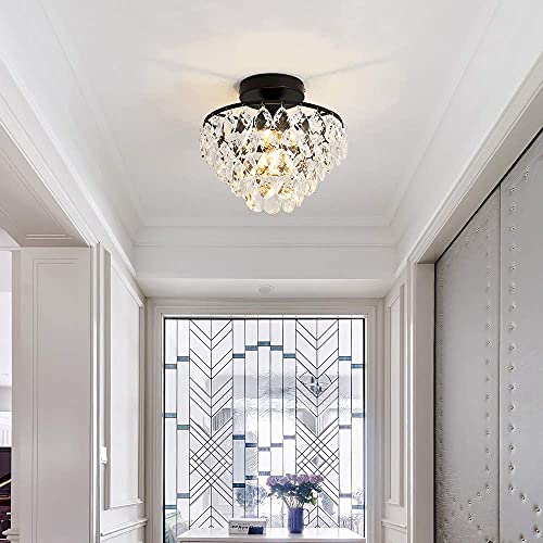 Modern Small Crystal Ceiling Light Fixture Mini Black Semi Flush Mount Chandelier Light Fixture for Hallway Bedroom Bathroom Closet e26