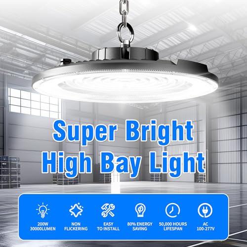 UFO LED High Bay Light 200W 8 Pack 5000K 30000LM High Bay LED Shop Light with Plug Alternative to 800W MH