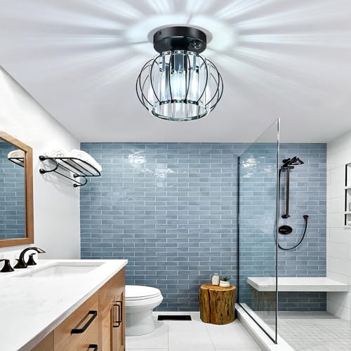 Indoor Motion Sensor Ceiling Light Fixture Modern Cryatal Semi Flush Mount Ceiling Light Black Ovrehead Light Fixture for Porch Hallway Front Entryway Kitchen Hall Garage