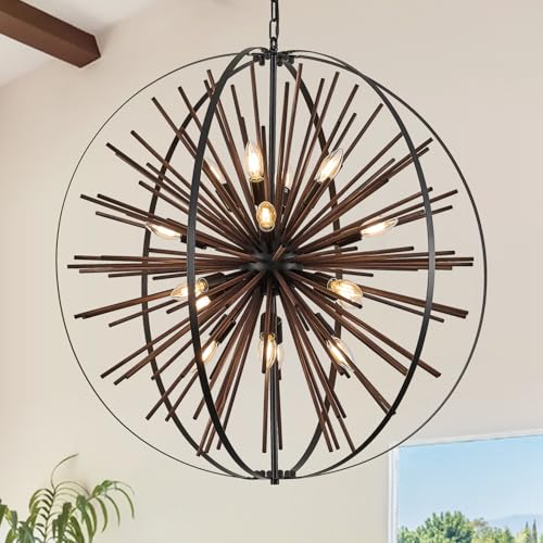 31" 16 Light Farmhouse Wood Sputnik Chandelier Black Hanging Light