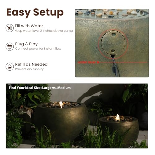 Garden Water Fountain Outdoor Bubbler Water Feature Indoor with Lights & Pump and Pebbles Waterfall Fountains Concrete Effect for Patio Deck Yard Home Decor Gold