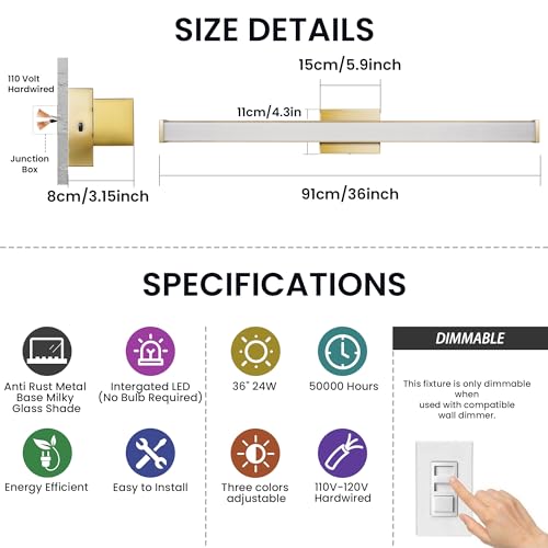 Modern LED Bathroom Vanity Light 36 inch 24W Dimmable 3CCT Bathroom Light Fixture Over Mirror Rectangle Bath Vanity Light Bar with Double Layer Acrylic Shade (36 inch(es))