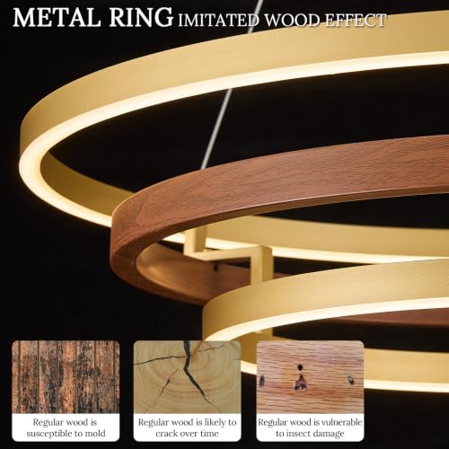 3 Ring LED Chandelier Modern Chandeliers Red Walnut Wood Gold Dimmable 31''