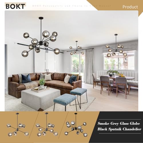 8 Lights Mid Century Modern Matte Black Chandelier Glass Globe Sputnik Chandelier Large Smoke Gray Ball Sputnik Hanging Pendant Light Kitchen Island Living Room Dining Room Bedroom Light Fixture