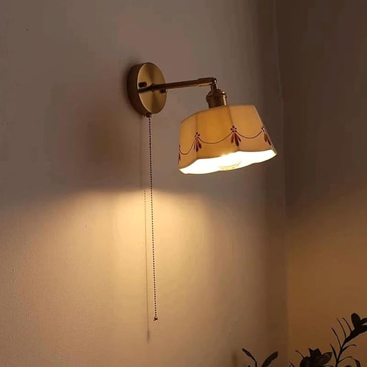 Modern Ceramic Wall Sconce Wabi Sabi Brass Wall Lamp with Rotary Switch, Adjustable Japanese Style Embossed Texture Glazed Ceramics Art Wall Lighting Fixture for Bedroom Cafe E27